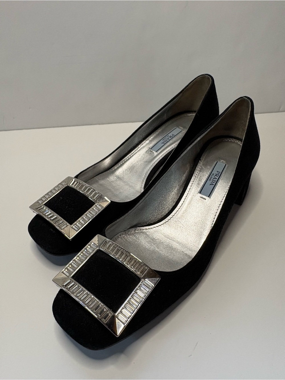 Prada Black Suede Pumps with Silver Square Crystal Buckles